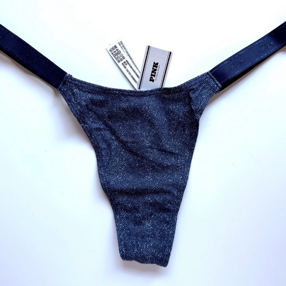💙🤍💙NWT/ PINK Victoria's Secret Denim Thong with Black Straps